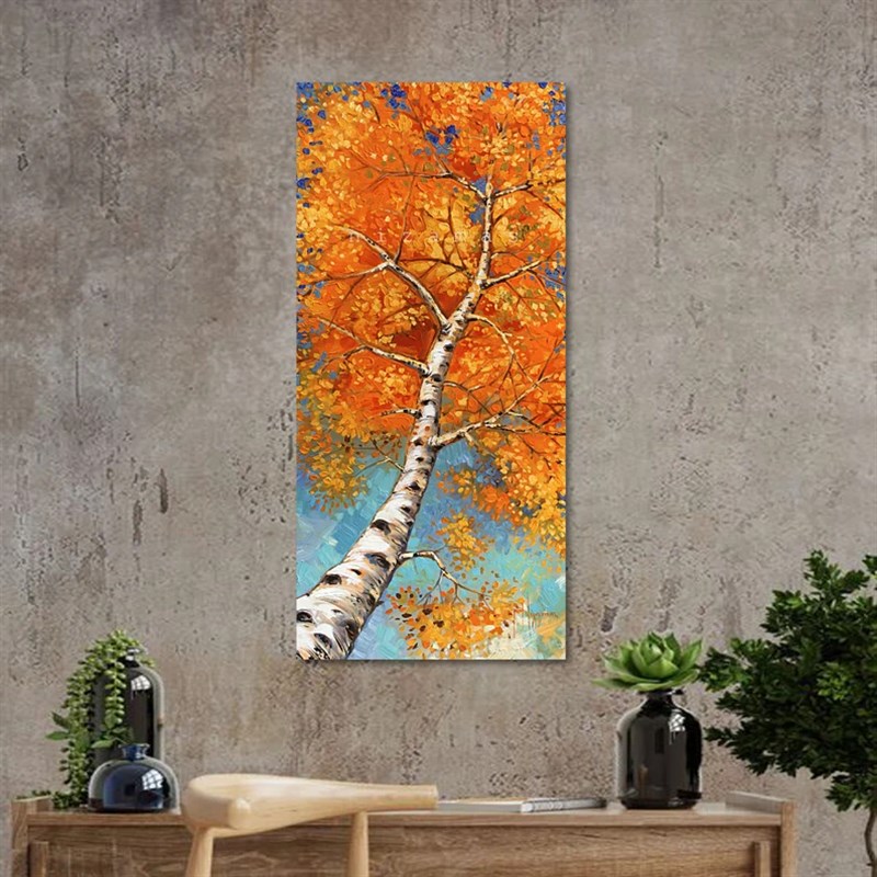 大芬村手绘纯油画白桦林风景客厅装饰画轻奢玄关走廊竖版挂画壁画