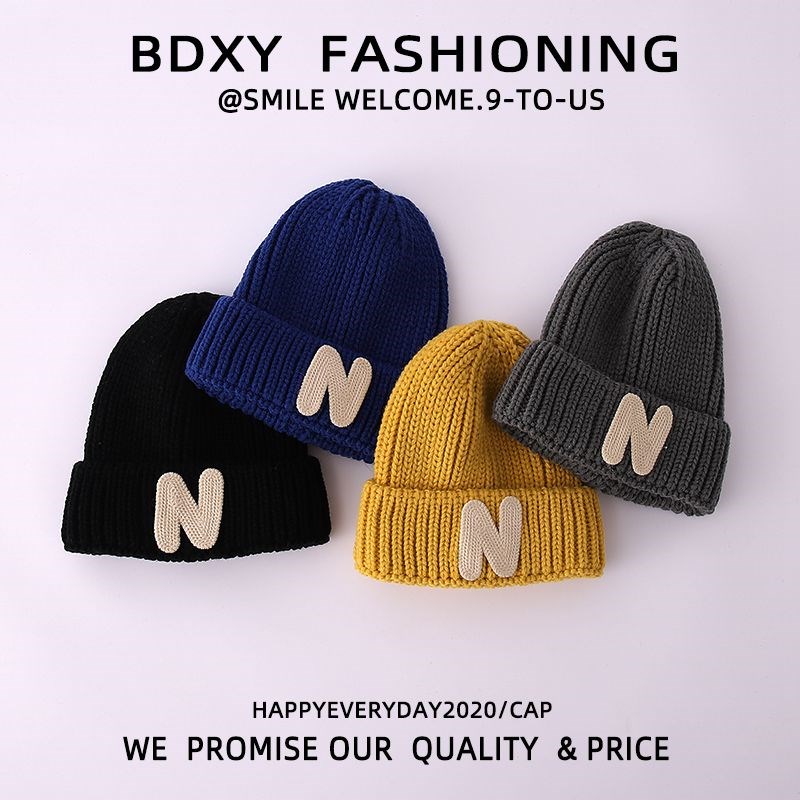 ins儿童帽子韩版秋冬季N字母男女童针织帽宝宝保暖包头护耳毛线帽
