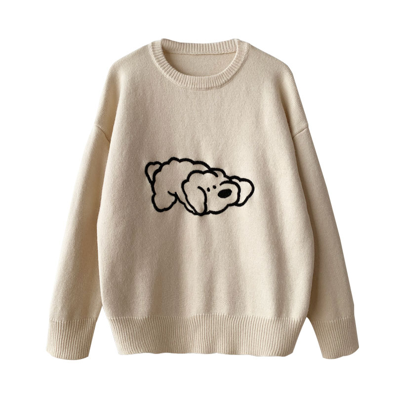 三木社含羊毛刺i绣小狗印花毛衣女秋冬百搭套头针织衫卫生衣宽松