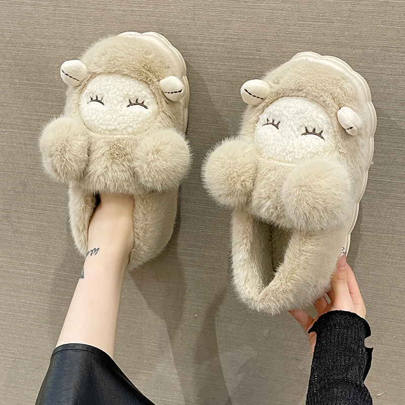 踩屎感厚底棉拖鞋女冬季可爱眯眼兔家居室内保暖毛绒月Z子包跟棉