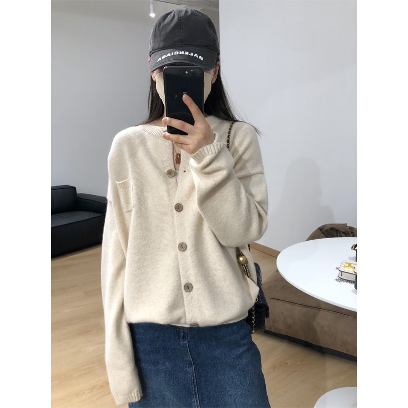 新年红羊绒手感韩系百搭针织开衫圆领落肩袖显瘦软糯女毛衣外套