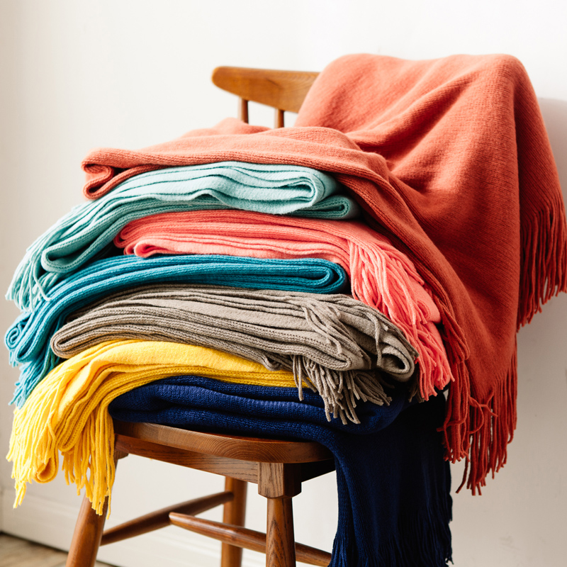 简约毛线针织沙发毯夏季空调毯装饰毯床旗搭巾多功能休闲毯橘色