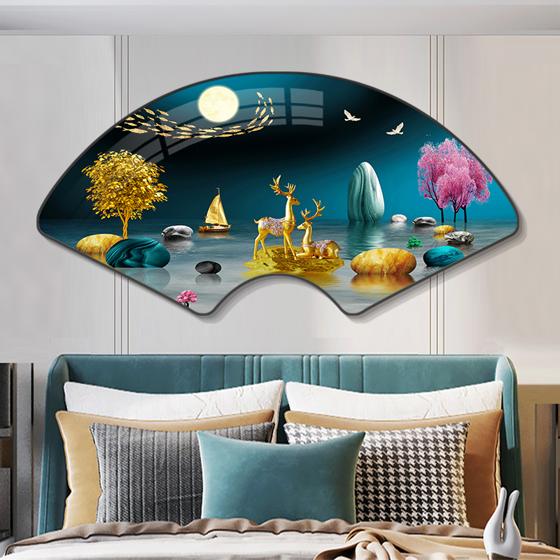 扇形中式沙发客厅装饰画画卧室床头鹿背景墙挂画画沙发主卧睡房间图片