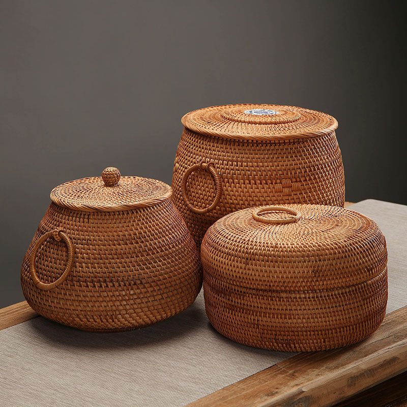 越南藤编收纳罐糖果盒大号储物盒创意编织零食篮干果盒存茶桶带盖
