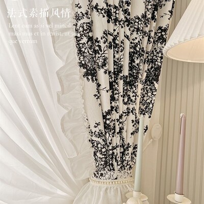 法式典雅素描风情 复古黑白提花荷叶花边设计师客厅卧室遮光窗帘