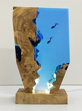 手工创意实木树脂灯海p洋潜水员桌面摆件艺术小夜灯氛围灯礼物饰