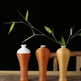 手工竹编梅瓶花瓶摆件陶瓷干花装饰品餐桌茶室禅意绿植容器颗存水