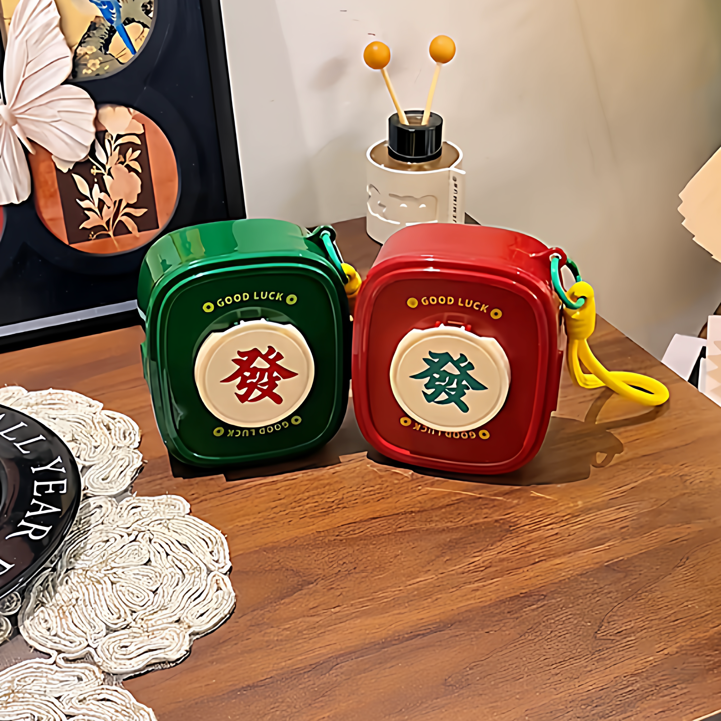 发财盒随身收纳便携口红充电器折叠手机支架带挂绳包包挂件化妆盒