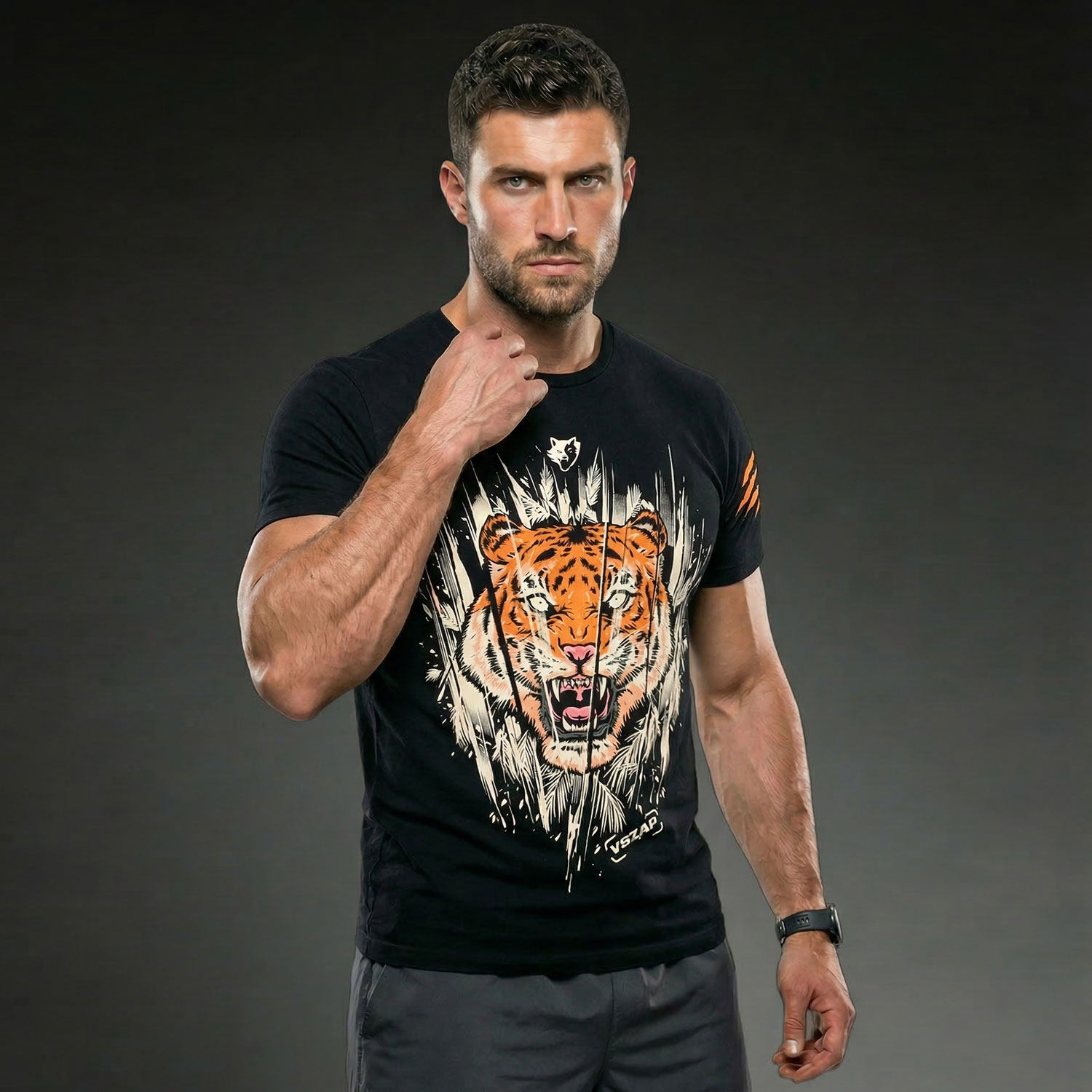 VSZAP休闲运动风老虎印花纯棉短袖T恤男潮牌个性健身训练服黑色夏