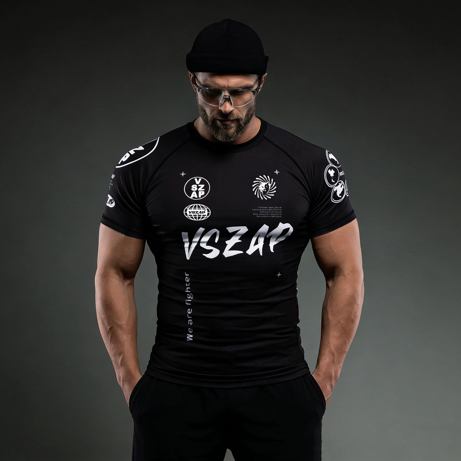 VSZAP运动风简约男士修身拉练短袖T恤黑色印花紧身速干健身训练服