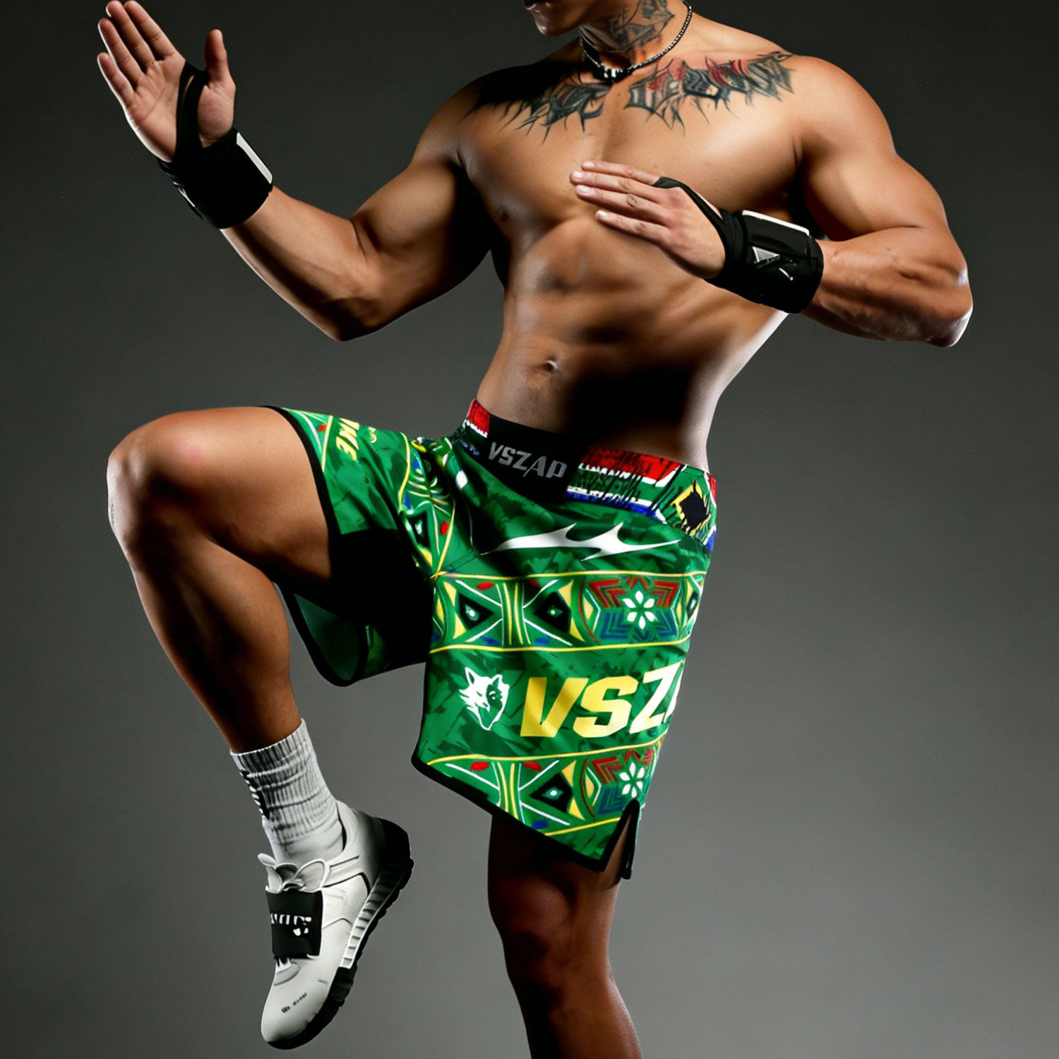 VSZAP拼接透气运动短裤男健身房训练速干透气耐磨个性印花五分裤