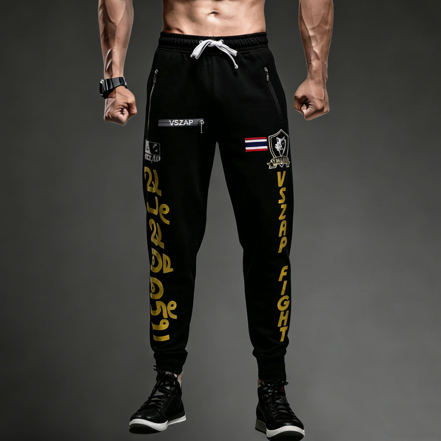 VSZAP国朝男莲花金运动长裤休闲训练纯棉卫裤秋冬新款弹力束脚裤