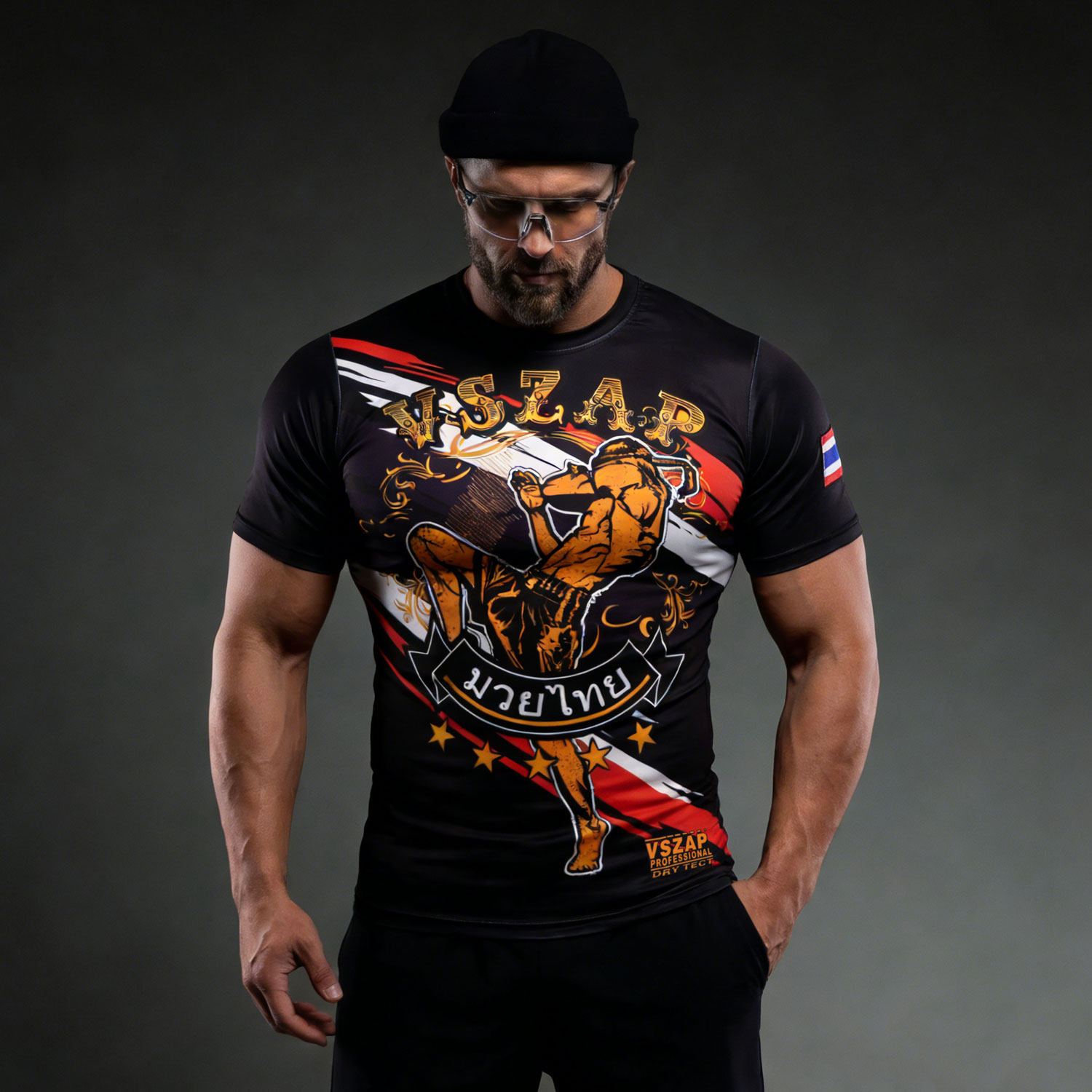 VSZAP泰拳风速干短袖T恤男士训练服跑步健身房运动休闲纹身上衣