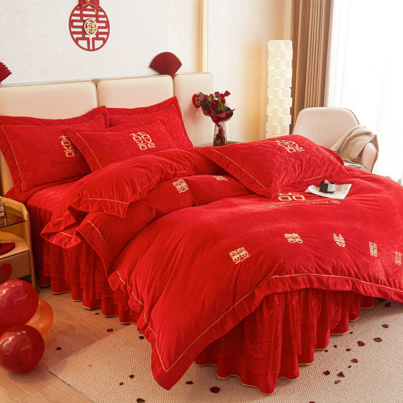 婚庆床裙四件套A类婴儿绒加厚夹棉裙罩红色单被套结婚被罩