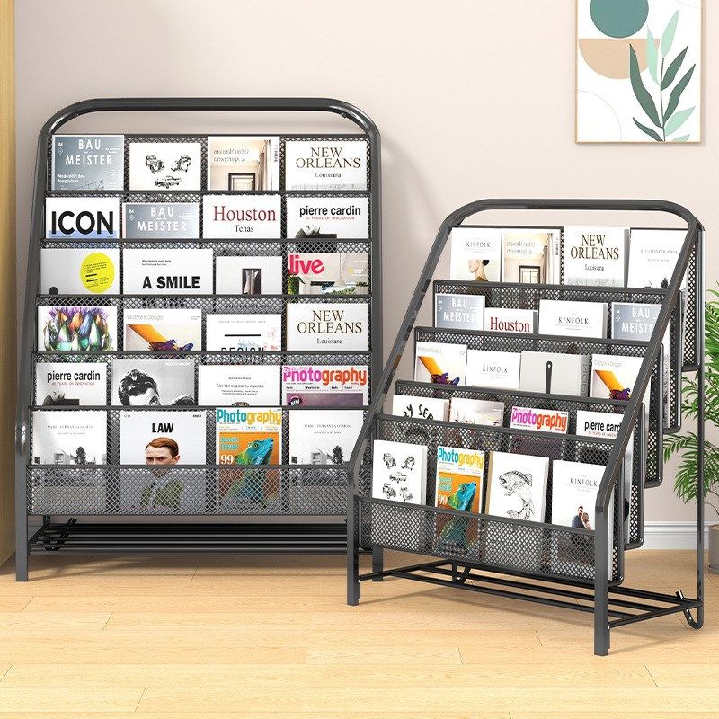 靠墙落地书架杂志收纳架多层架子简易书报架铁艺书柜展示架置物架