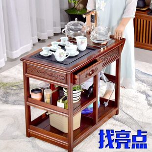茶桌家用小茶台移动茶车乌金石花梨木沙比利泡茶桌沙发边柜一体
