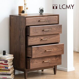 [顽石五斗柜]原创卧室储物柜手工榫卯黑胡桃现代纯实木丨览春木业