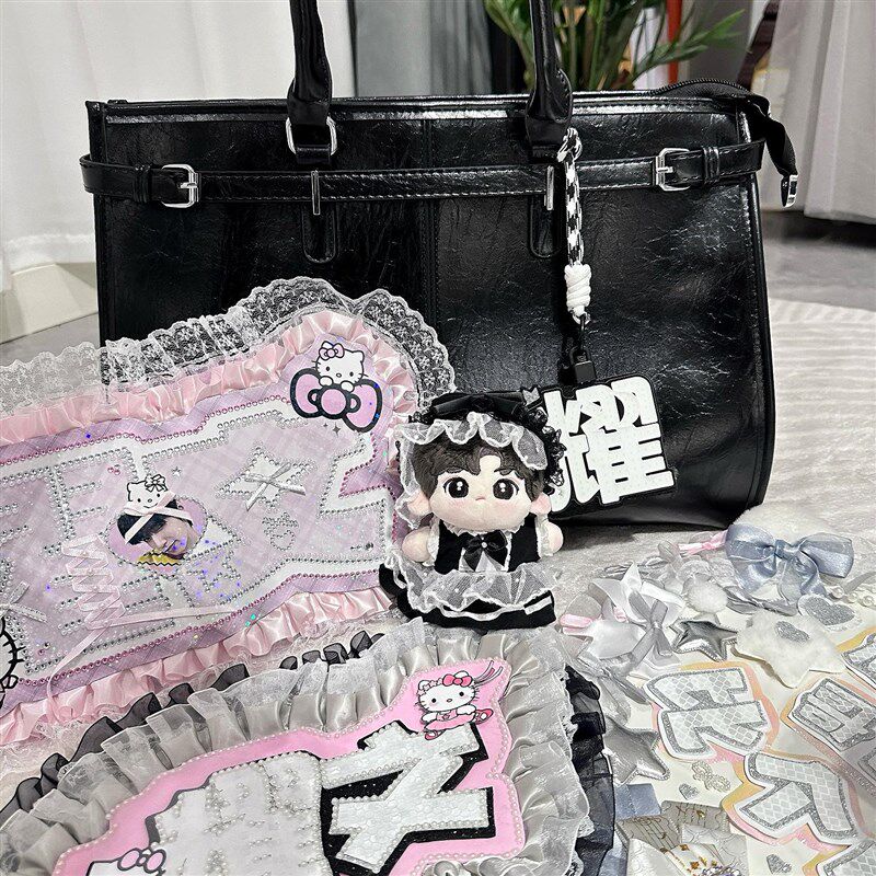 黑色油蜡皮大容量托特包追星女孩演唱会藏相机支架手提包应援包