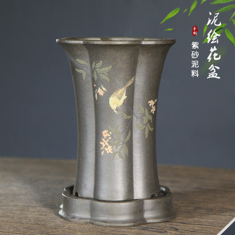 精品紫砂花盆兰花盆天青泥手工泥绘古典陶瓷花盆桌面绿植盆景盆