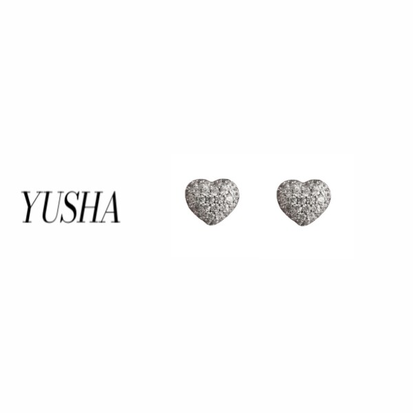 YUSHA/银色满钻实心爱心耳钉-丫丫同款