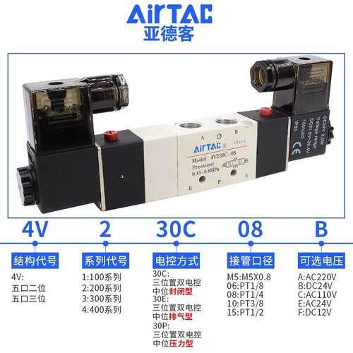 亚德客电磁阀4V230C-08气动三位五通中封4V230E-08中泄中压电磁阀