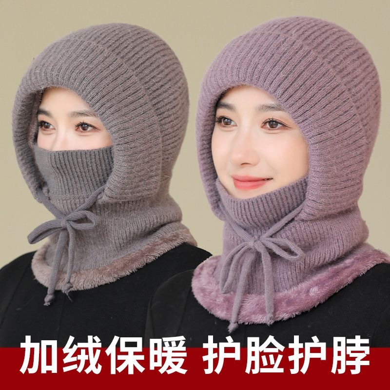 帽子连体一体帽围脖女冬中老年人