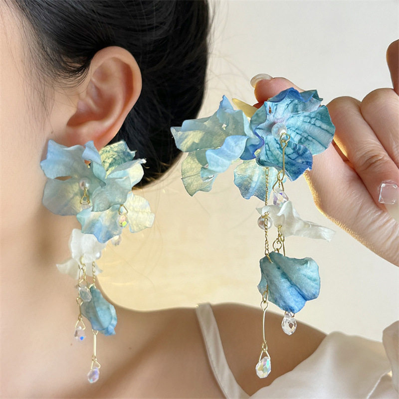蓝色花朵夸张流苏耳环女超仙饰品