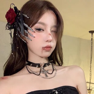 头饰骷髅手爪发夹暗黑哥特红玫瑰花朵发饰拍照道具装扮配饰万圣节