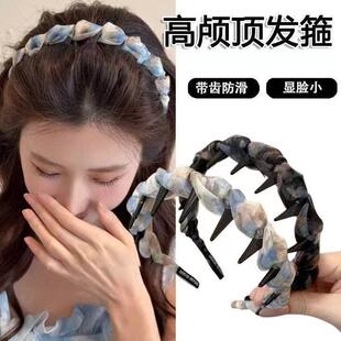 2025新款珍珠网纱波浪带齿高颅顶发箍春夏蓬松感头箍洗脸防滑发卡