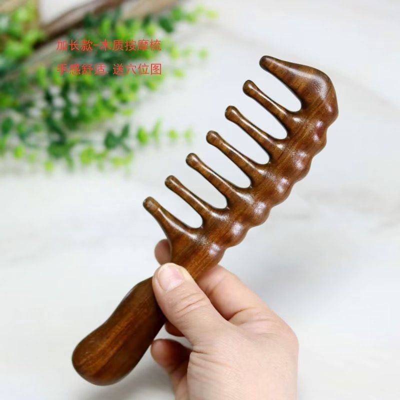 绿檀木经络梳子紫檀香味大号长柄宽齿梳Q头部按摩卷发专用