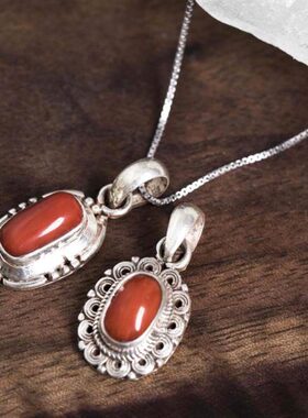 尼泊尔手工银饰品925镶嵌宝石吊坠女男款项坠民族复古民族风首饰