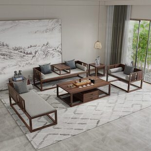 子已新中式沙发组合禅意实木贵妃组合北美黑胡桃木家具现代罗汉床