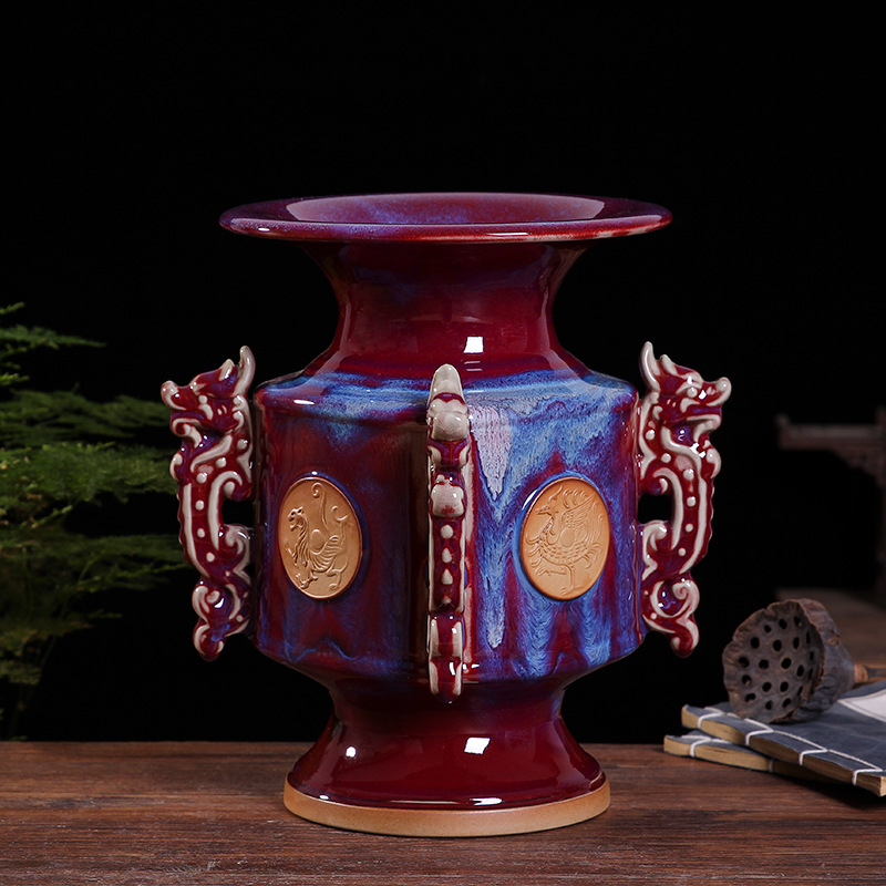 钧瓷如意尊工艺品摆件家居客厅玄关瓷器陶瓷中式花瓶摆件