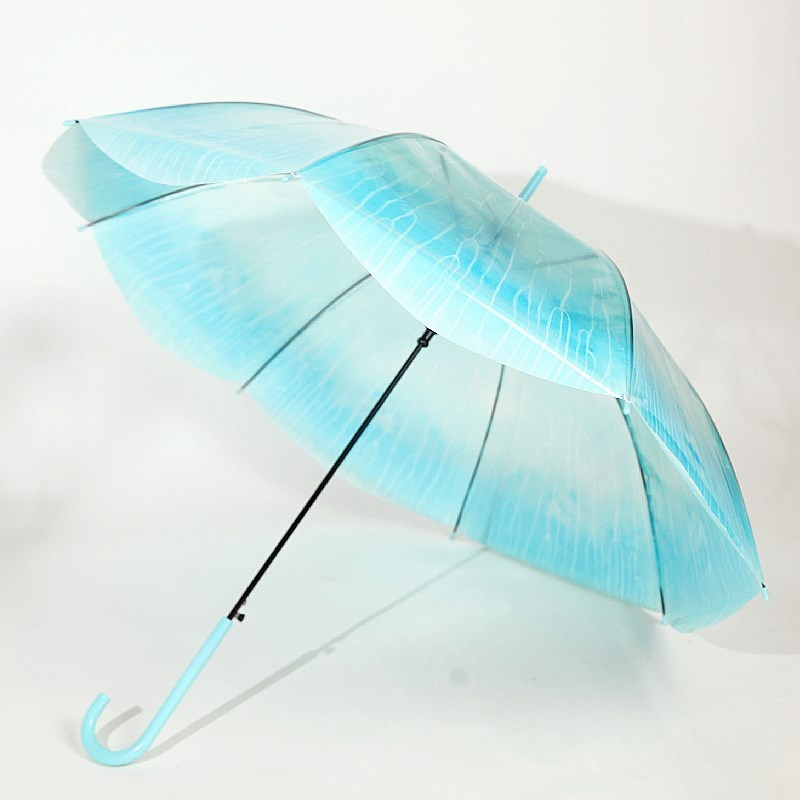 0J0自动长柄伞浪漫水母伞透明伞渐变水M蓝色弯钩直柄伞防水雨