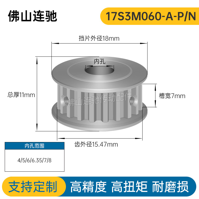 同步轮 S3M17齿 槽宽7 AF型 两面平 同步带轮HTPA17S3M060-A-P4-8