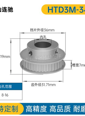 3M34齿同步轮齿宽7凸台BF型 内孔 8-16 步进轮同步带轮HTPA3M060