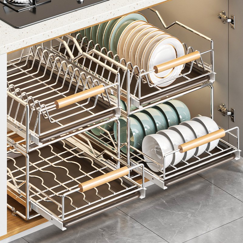 不锈钢碗碟收纳架厨房橱柜内置物A架抽屉式拉篮抽拉碗盘柜沥水碗