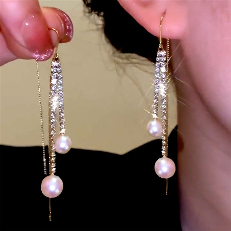 高档超仙气质长款满钻珍珠流苏耳线F女优雅气质简约耳坠奢华百搭