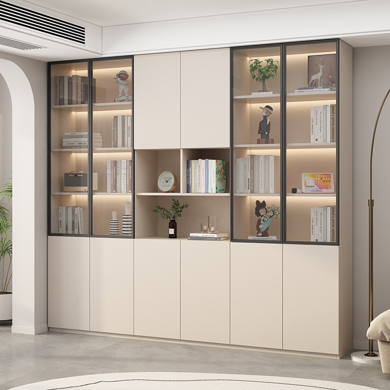 实木书柜玻璃门书架组合柜防尘客厅一体整体落地展V示柜子家用定