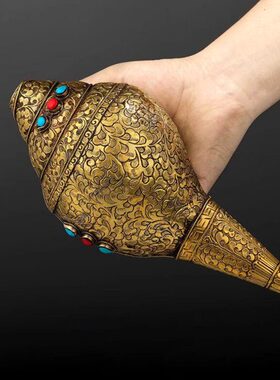 纯铜手工雕花尼泊尔海螺复古做旧居家八供摆件用品大号海螺24cm