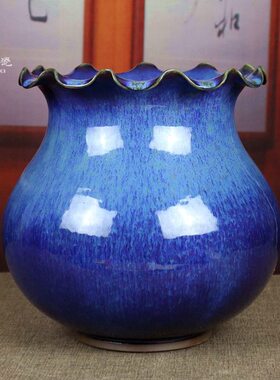 河南禹州钧瓷书房陶瓷器荷口笔洗摆件传统工艺炭烧手拉坯蓝色鱼缸