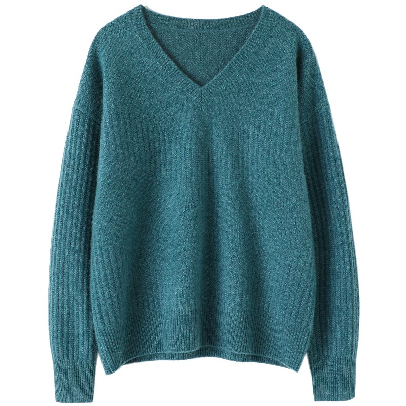 品质老客入!重工搬针羊绒衫女V领套头纯羊绒毛衣宽松慵懒加厚版