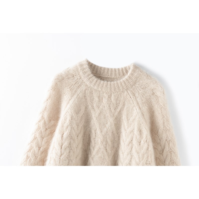 SAQINI原创设计~拉绒工艺-圆领纯羊绒麻花套头加厚高级感羊绒衫