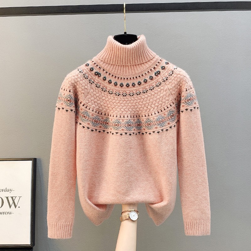 2021年秋冬新款高领毛衣女套头宽松外穿撞色针织衫女内搭打底衫女