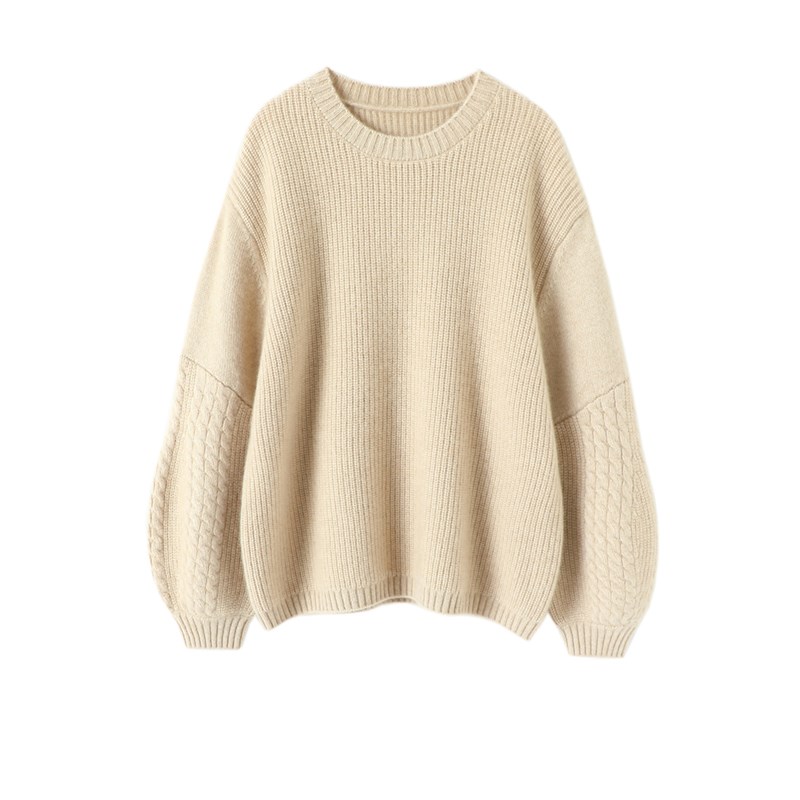 风情里的优雅!灯笼袖宽松廓形山羊绒衫女纯羊绒毛衣冬圆领套头