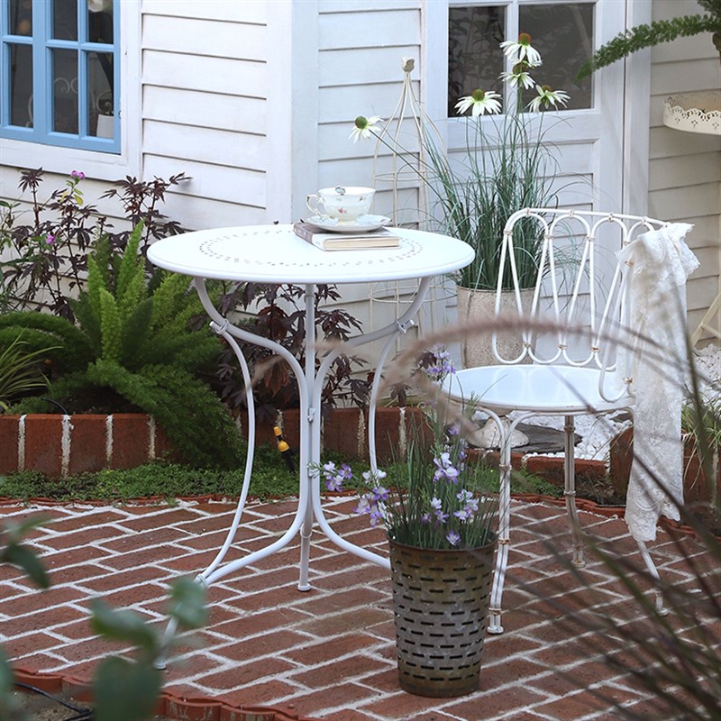 你可居法式复古小圆桌户外阳台花园铁艺白色桌子做旧茶几