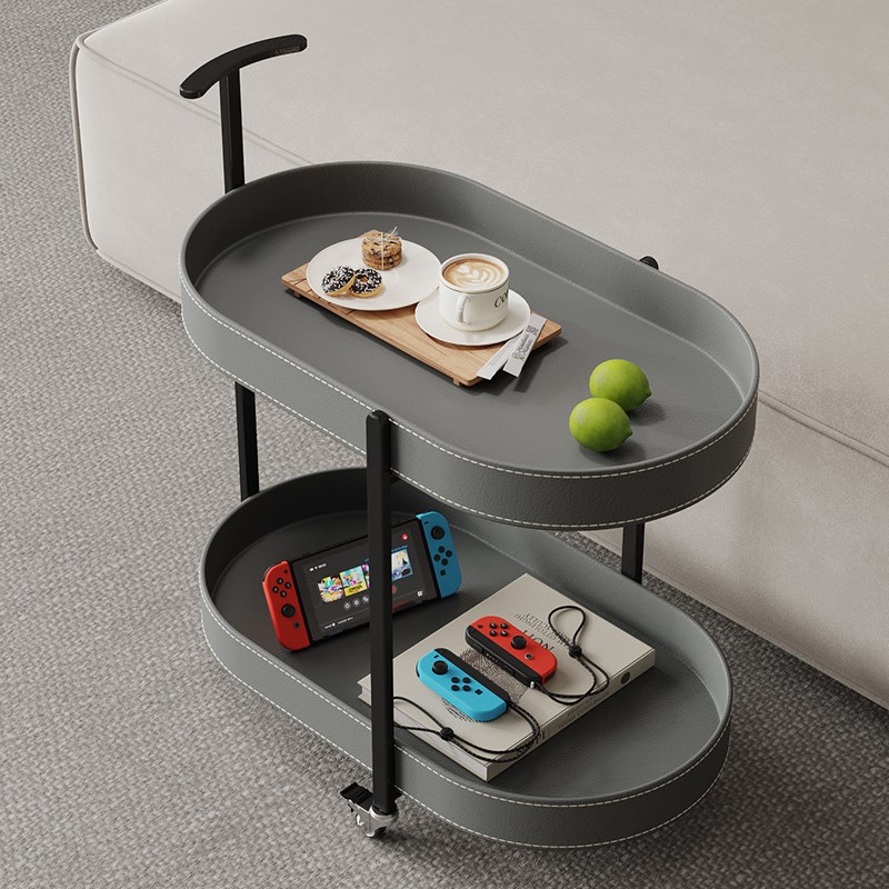 中古风马鞍皮小推车沙发边几客厅家用移动带轮茶几餐饮零食置物架