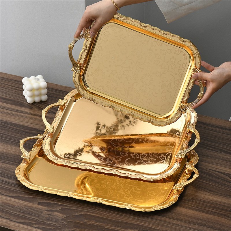 欧式金色托盘长方形家用客厅茶几水果零食点心蛋糕甜品收纳架