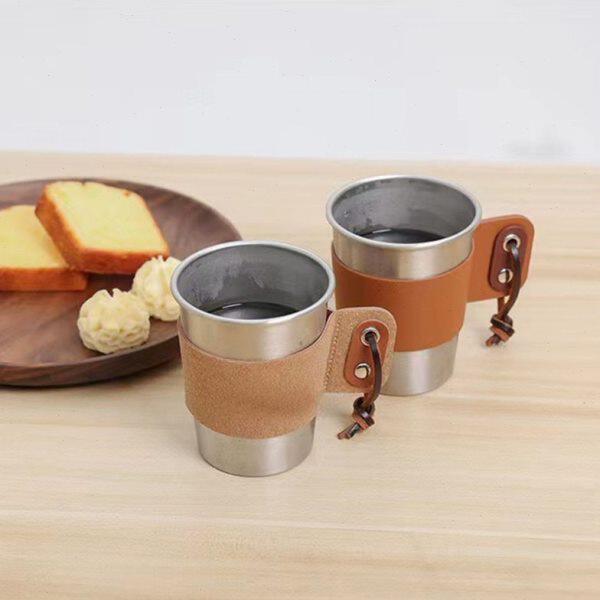 现货户外便携不锈钢咖啡杯软木皮杯套露营咖啡杯套隔热皮革杯套