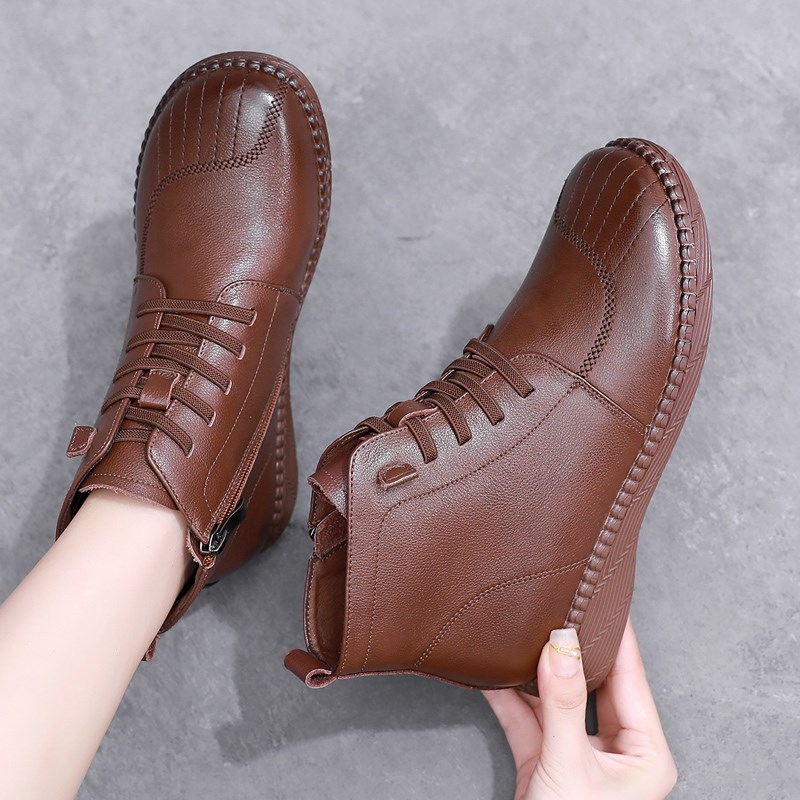 复古软底短靴女春秋单靴防滑休闲平H底皮鞋冬季加绒棉鞋妈妈鞋